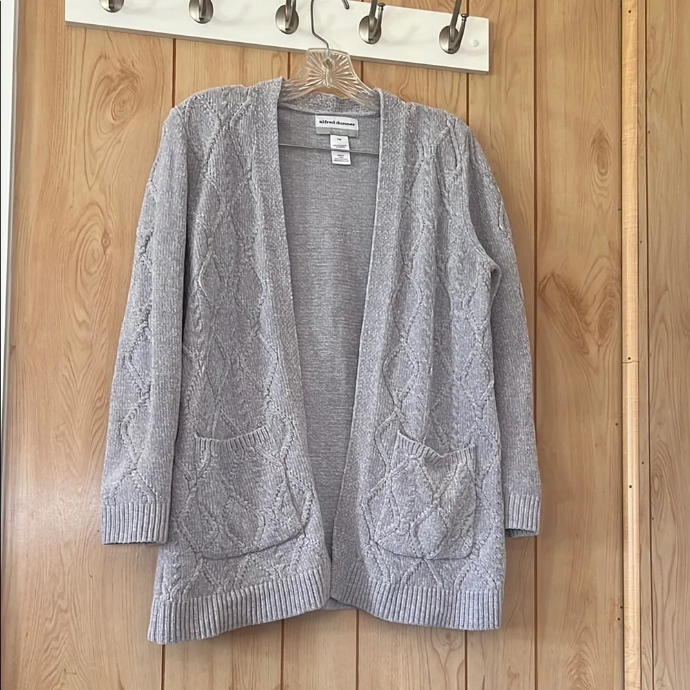 Alfred Dunner Chenille Open Front Cable Knit Cardigan‎ Gray Petite M (PM)